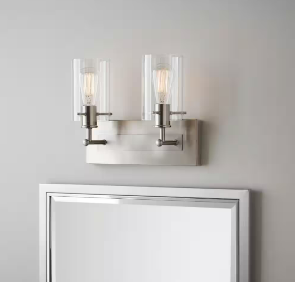 Regan 12.75 in. 2-Light Brushed Nickel Vanity Light with Clear Glass Shades