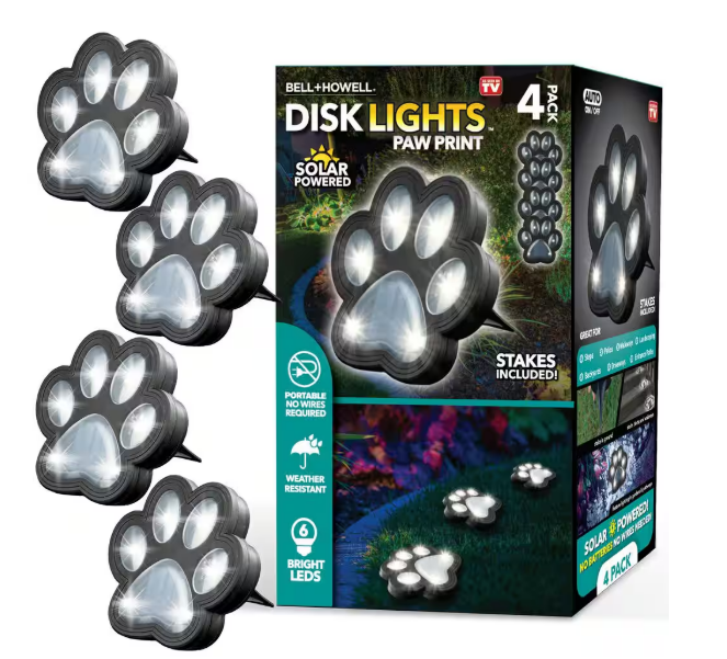 Paw Print Disk Lights Low Voltage Black Solar Powered LED Weather Resistant Paw Shaped Path Light (4-Pack)