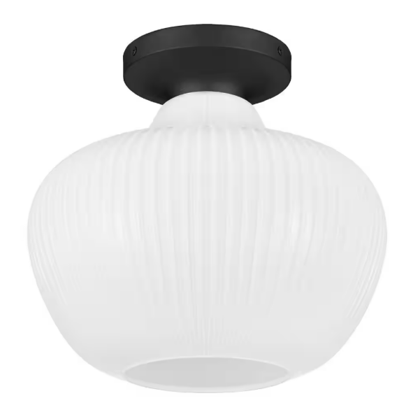 Pompton 12 in. 1-Light Matte Black Semi-Flush Mount Ceiling Light Fixture with White Ribbed Glass