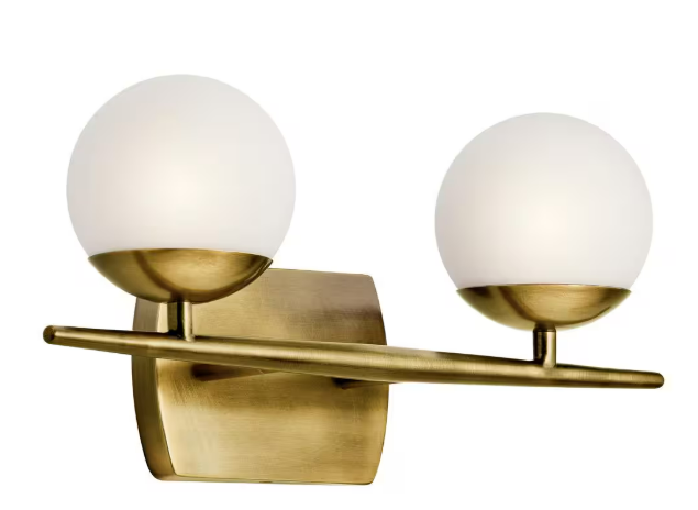 Jasper 16.5 in. 2-Light Natural Brass Halogen Mid-Century Modern Bathroom Vanity Light with Etched Glass Shade