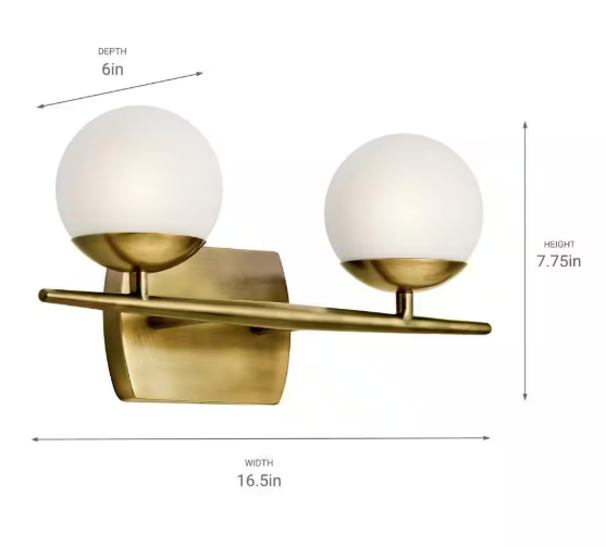 Jasper 16.5 in. 2-Light Natural Brass Halogen Mid-Century Modern Bathroom Vanity Light with Etched Glass Shade