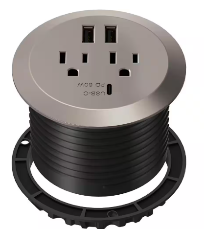 12 Amp 2-Outlets Desktop Grommet, 60-Watt Power Delivery Type C Port, 3-USB Charging Ports, Nickel