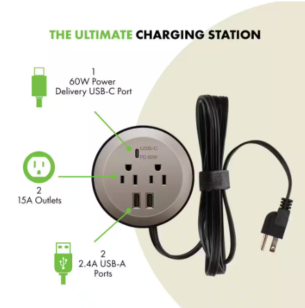 12 Amp 2-Outlets Desktop Grommet, 60-Watt Power Delivery Type C Port, 3-USB Charging Ports, Nickel