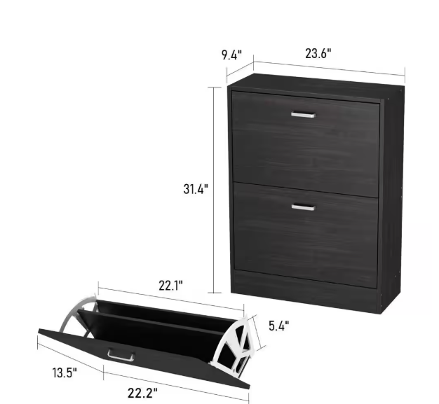 23.6 in. W x 31.4 in. H Black Wood 2-Drawer Shoe Storage Cabinet with Foldable Compartments Entryway Hallway (12-Pair)