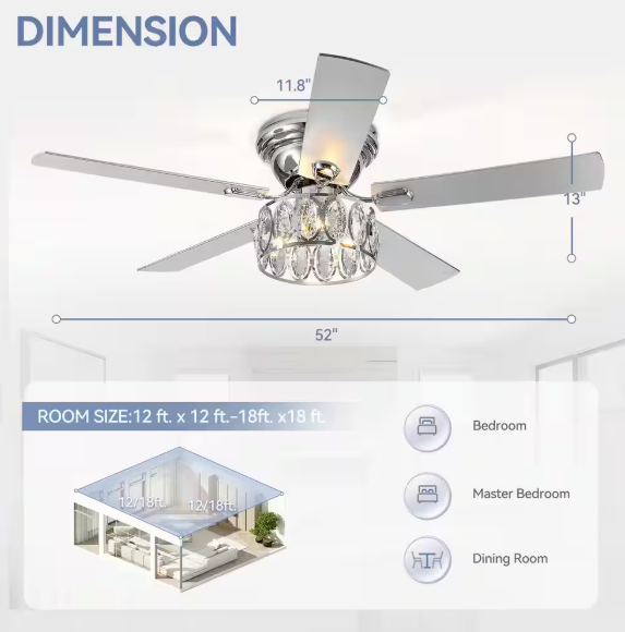 Jemore 52 in. Indoor Flush Mount Chrome Crysral Ceiling Fan with Light Kit and Remote Control Included