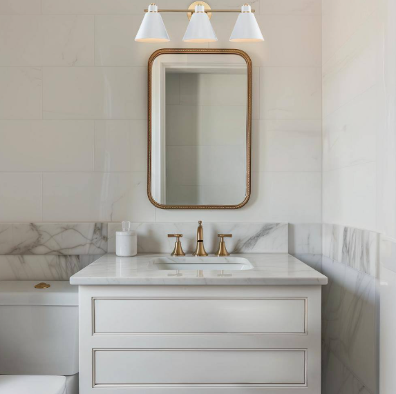 Bel Air Lighting- Forge 24 in. 3-Light White and Gold Bathroom Vanity Light Fixture with Metal Cone Shades