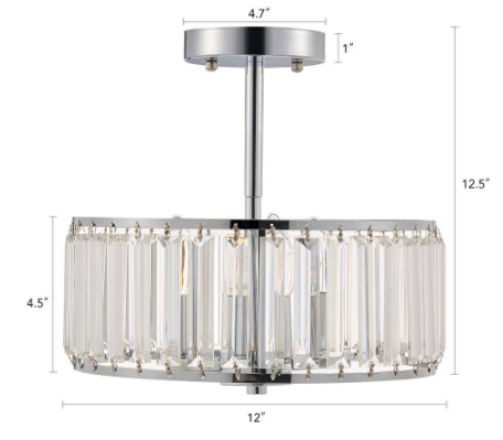 Merra 13 in. 3-Light Chrome Crystal Chandelier Semi Flush Mount with Crystal Drum HCF-1320-00-BNHD-1