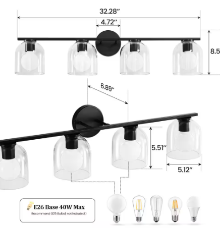 KAISITE 32 in. 4-Light Modern Black Vanity Light with Clear Glass Shade Farmhouse Wall Sconce For Bathroom Light Fixtures 8202WL-04BK-US