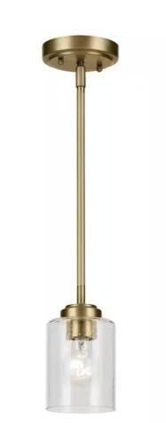KICHLER Winslow 1-Light Natural Brass Contemporary Kitchen Hanging Mini Pendant Light with Clear Seeded Glass 44032NBR
