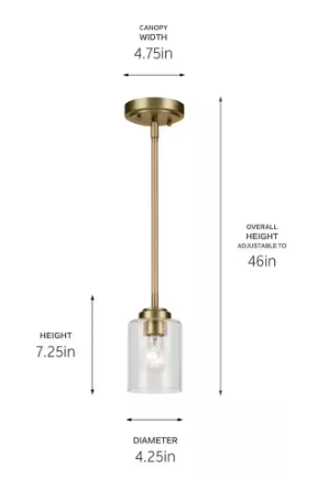 KICHLER Winslow 1-Light Natural Brass Contemporary Kitchen Hanging Mini Pendant Light with Clear Seeded Glass 44032NBR