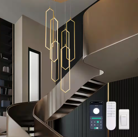 RICHARDERY 6-Light Modern Dimmable Integrated LED Geometric Gold Chandelier High Ceiling Chandelier for Staircase Foyer Living Room HD-FSD-54