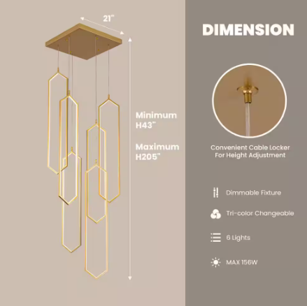 RICHARDERY 6-Light Modern Dimmable Integrated LED Geometric Gold Chandelier High Ceiling Chandelier for Staircase Foyer Living Room HD-FSD-54