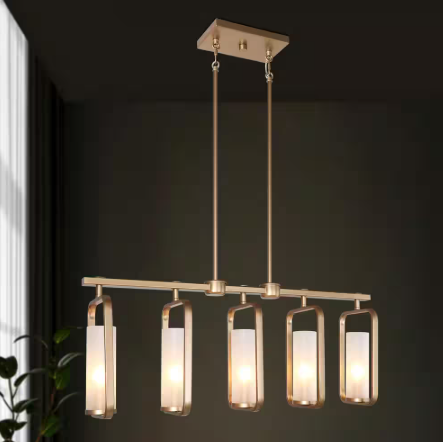 Uolfin Mid-Century Modern Kitchen Island Linear Chandelier 5-Light Brass Gold Chandelier with White Frosted Glass Shades 66EVJJHD23542IN