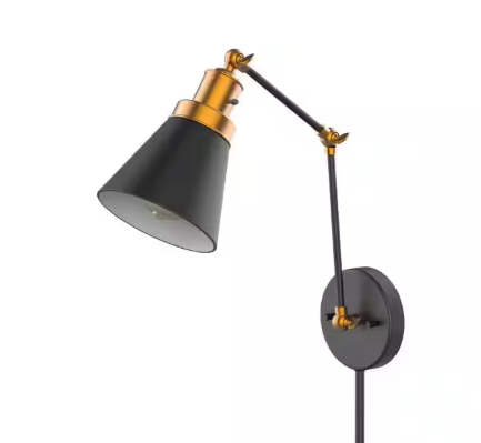 Hampton Bay- 1-Light Black and Gold Plug-In or Hardwired Swing Arm Wall Lamp Wall Lamp with 6 ft. Fabric Cord