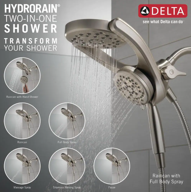 Delta- HydroRain Two-in-One 4-Spray Patterns 6 in. Wall Mount Dual Shower Heads with MagnaTite in SpotShield Brushed Nickel