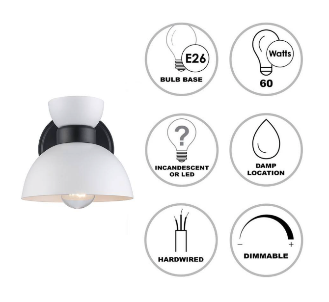 Bel Air Lighting- Azaria 1-Light White and Black Indoor Wall Sconce Light Fixture with Metal Dome Shade