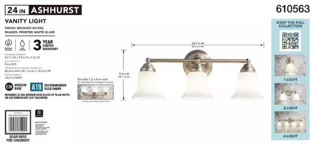 Hampton Bay- Ashhurst 3-Light Brushed Nickel Classic Traditional Bathroom Vanity Light with Frosted Glass Shades