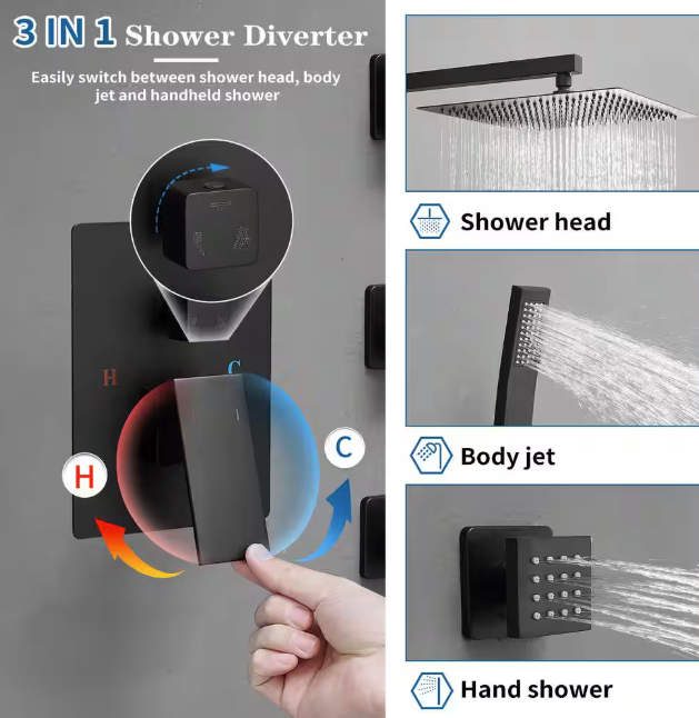 BWE Single Handle 3-Spray Wall Mount 12 in. Shower Faucet Shower Head 2.5 GPM with High Pressure 6-Jets in. Matte Black A-95020-12-B
