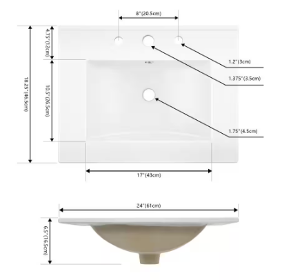 JONATHAN Y Ancillary 3-Hole 24 in. W x 18.25 in. D Classic Contemporary Rectangular Ceramic Single Sink Basin Vanity Top in White SNK1001A