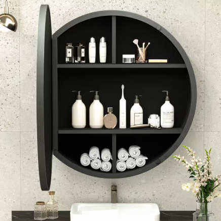 KeonJinn 26 in. W x 26 in. H Round Black Metal Framed Recessed/Surface Mount Medicine Cabinet with Mirror HD-JSKJG-R66bk