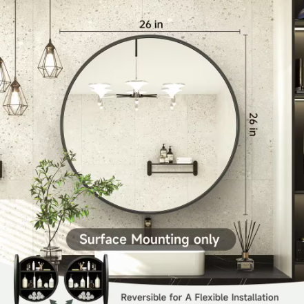 KeonJinn 26 in. W x 26 in. H Round Black Metal Framed Recessed/Surface Mount Medicine Cabinet with Mirror HD-JSKJG-R66bk