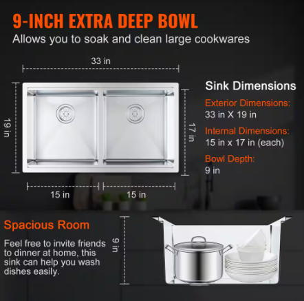 VEVOR Kitchen Sink 304 Stainless Steel Drop-in Sinks 33 in. Undermount Double Bowls Basin with Ledge and Accessories QRSSCTXPSCY330MR4V0