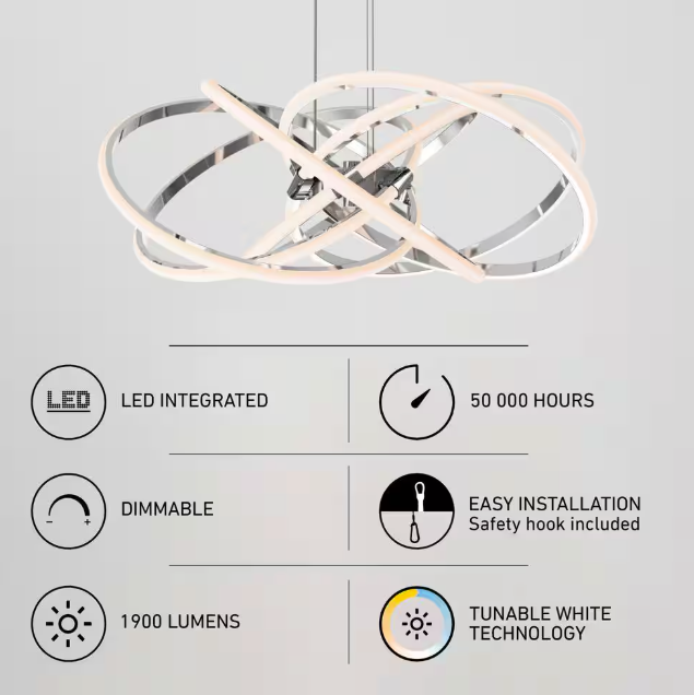 Artika Maelstrom 25-Watt 1 Light Chrome Modern 5 CCT Integrated LED Pendant Light Fixture for Dining Room or Kitchen PDT-MA5C-HD2CR