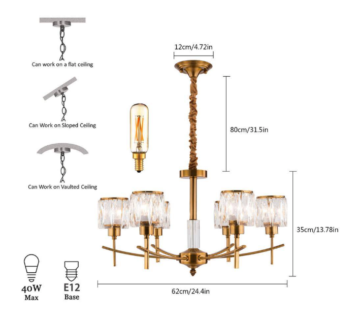 OUKANING Modern 24.4 in. 6-Light Luxury Gold Crystal Chandelier for Living Room with No Bulbs Included JZUCTTR4NSHCX