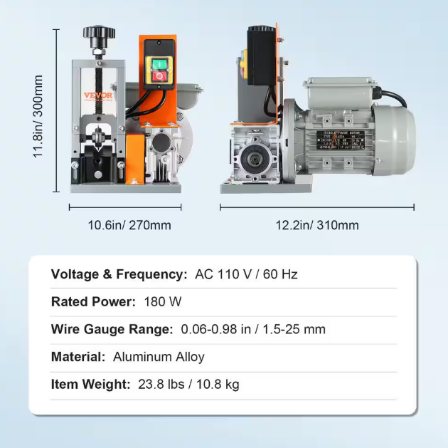 VEVOR Automatic Wire Stripping Machine 0.06in. to 0.98in. Electric Motorized Cable Stripper Peeler 180W 60 ft./min for Copper