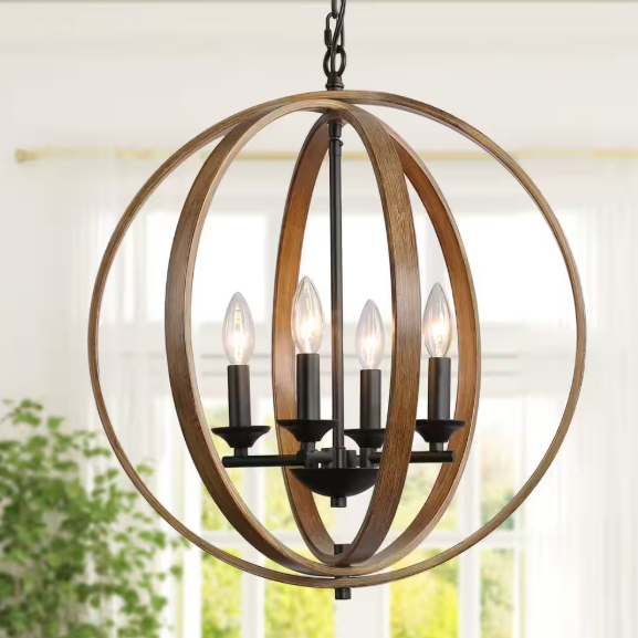 LNC Farmhouse Black Chandelier Globe Cage Candlestick 4-Light Rustic Island Pendant Chandelier with Faux Wood Accent INFUQQHD13520U6