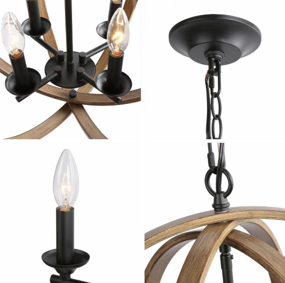 LNC Farmhouse Black Chandelier Globe Cage Candlestick 4-Light Rustic Island Pendant Chandelier with Faux Wood Accent INFUQQHD13520U6