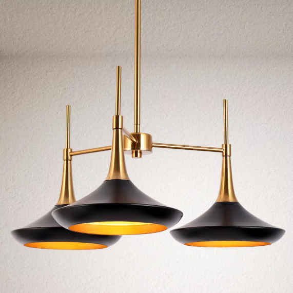 LNC Mid-Century Island Chandelier Modern 3-Light Black and Brass Dining Room Hanging Pendant Light with Bell Metal Shades LMUEFVB85C328C