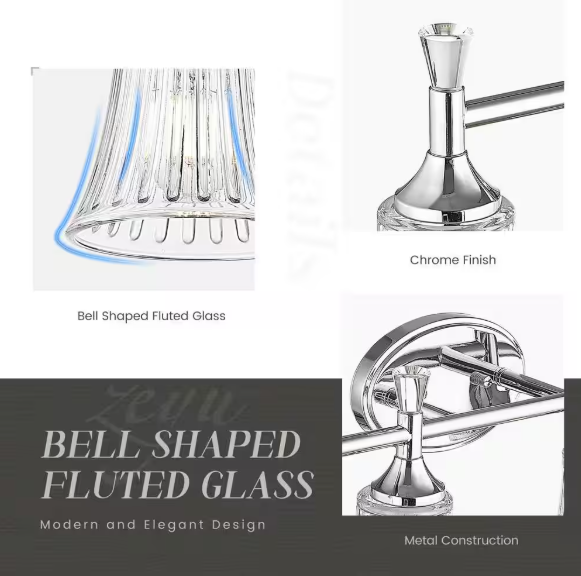 ZACHVO 30 in. Modern 4-Light Chrome Finish Vanity Lighting Fixtures with Bell Shaped Fluted Glass HDZSL87B-4W CH