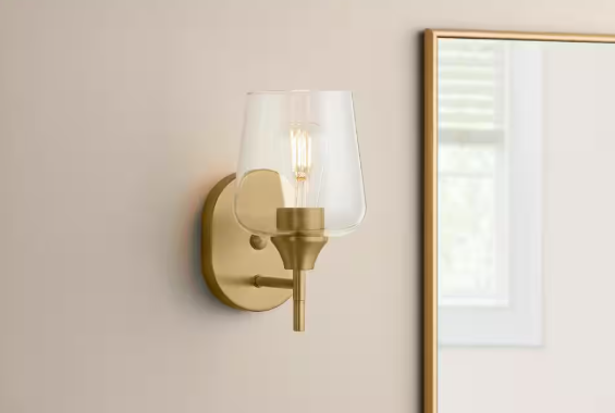 Hampton Bay- Pavlen 5.5 in. 1-Light Antique Brass Sconce with Clear Glass Shade