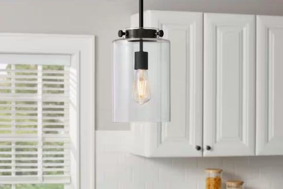 Hampton Bay Mullins 6.75 in. 1-Light Coal Contemporary Mini Pendant Light with Clear Glass Shade, Pendant Light for Kitchen 25228