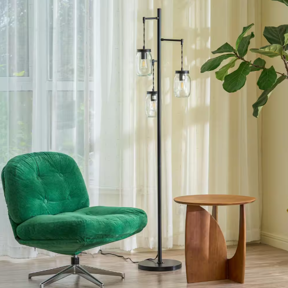 Merra 64 in. Black Farmhouse Tree Floor Lamp with 3 Mason Jar Glass Shades PTL-0621-BK-BNHD-1