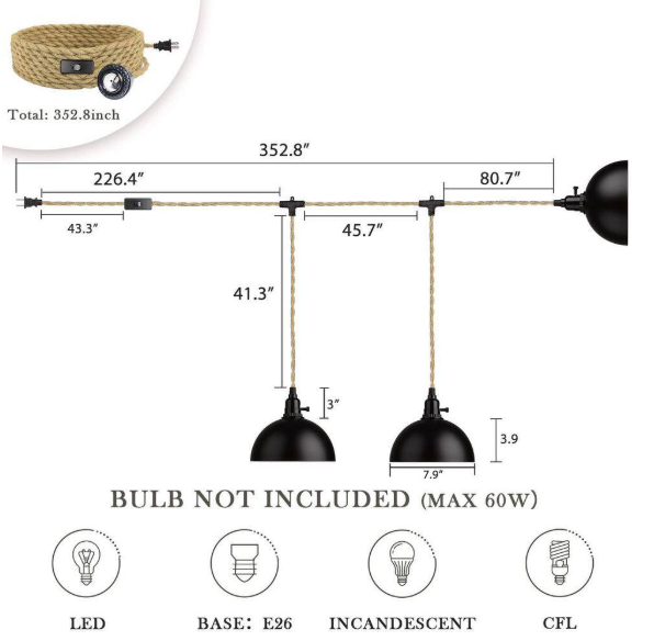 JAZAVA 3-Light Black Standard Shaded Hanging Lamps Pendant Light with Plug in Cord 29 ft. Twisted Hemp Rope Switch HDZYC49-3 BKDM