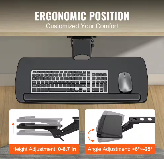 SKYSHALO Keyboard Tray under Desk Adjustable Height, Height and Angle Adjustable Keyboard Tray Slide Out, Large 25 x 9. 8 in. JPBMDF0000000AC01V0-1018