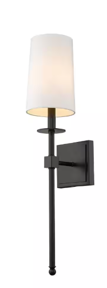 1-Light Matte Black Wall Sconce with White Fabric Shade 811-1S-MB
