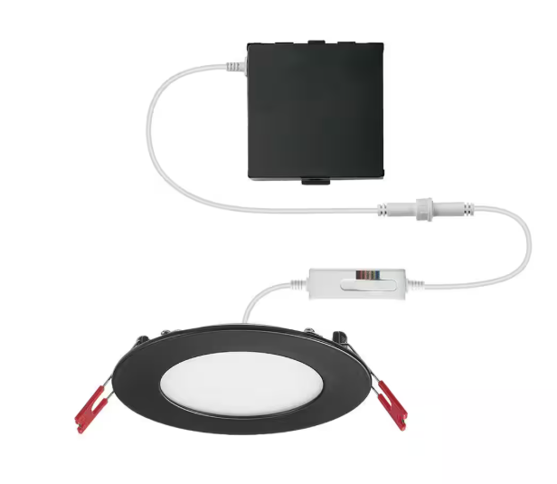 Commercial Electric Ultra Slim Integrated LED 4 in Round Adj Color Temp Canless Recessed Light for Kitchen Bath Living rooms, Matte Black 91973