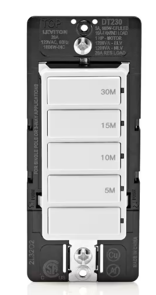 Leviton Decora 20 Amp 30-Minute Indoor In-Wall Countdown Timer Switch, 1 HP/16 Amp Fan/Motor, Single Pole/Multi-Way, White 002-DT230-1LW