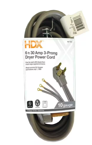 HDX 6 ft. 10/3 30 Amp 3-Prong Dryer Power Cord, Gray