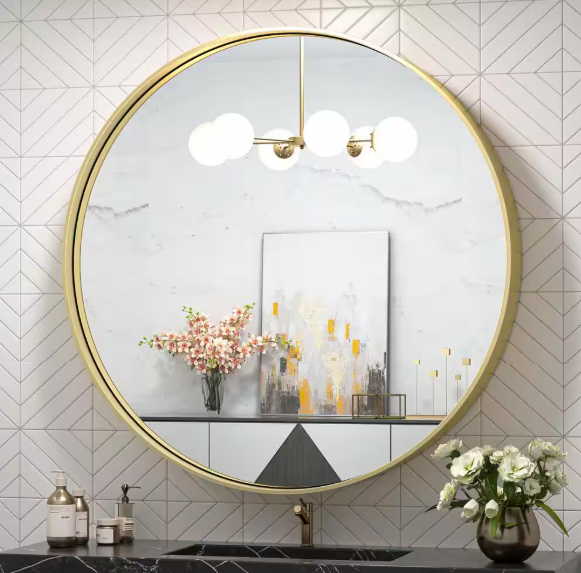 TETOTE - 30 in. W x 30 in. H Medium Round Metal Framed Modern Wall Mounted Bathroom Vanity Mirror in Brass Gold