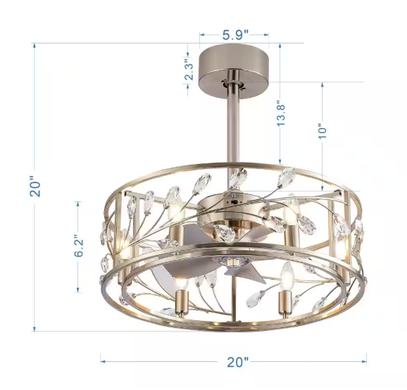 Breezary Blooming 20 in. Indoor Satin Nickel Crystal Ceiling Fan with Remote Control and Light Kit Included 23001-SN