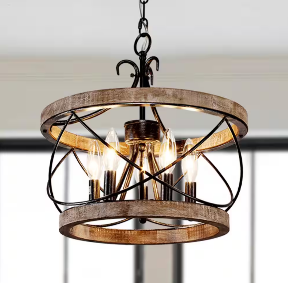 Oaks Aura Torres 5-Light Farmhouse Weathered Wood Cage Rustic Chandelier, Adjustable Industrial Pendant Light for Dining Room FC4065-5H
