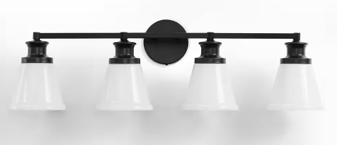 Kaisite 32 in. 4-Light Matte Black Modern Vanity Light with Milk White Glass Shade Farmhouse Bathroom Light Fixture Wall Sconce