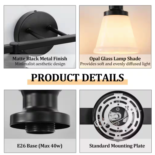 Kaisite 32 in. 4-Light Matte Black Modern Vanity Light with Milk White Glass Shade Farmhouse Bathroom Light Fixture Wall Sconce