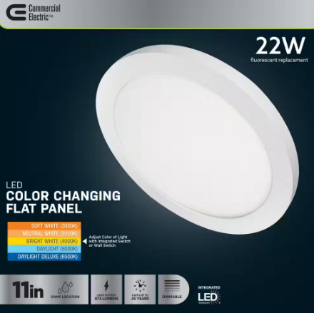Commercial Electric 11 in. 12.5-Watt Dimmable White Integrated LED 875 Lumens Round Flat Panel Ceiling Flush Mount with Color Change 5CCT 74210/6WY/HD
