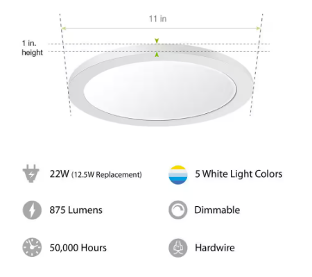 Commercial Electric 11 in. 12.5-Watt Dimmable White Integrated LED 875 Lumens Round Flat Panel Ceiling Flush Mount with Color Change 5CCT 74210/6WY/HD