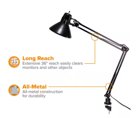 36 in. Black Metal Swing Arm LED Desk Lamp with Clamp